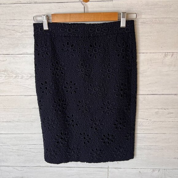 J Crew Skirt Womens SZ 00 Navy Blue No. 2 Pencil Mini Eyelet Lined Cotton Floral - Picture 4 of 16